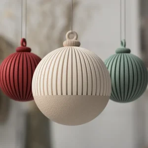 Três bolas de Natal caneladas em vermelho, bege e verde