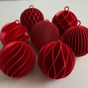 Seis bolas de Natal vermelhas com relevo em espiral
