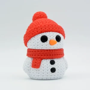 Boneco de neve com gorro e cachecol vermelhos, textura de tricot impressa em 3D